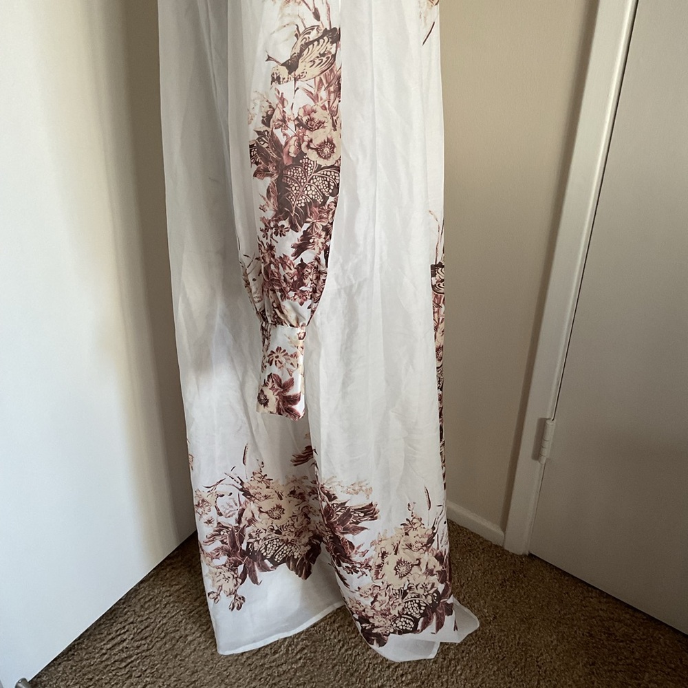 Itoo Italy Floral Maxi Shirt Dress Sheer Long Sleeve Belted Size Large - Picture 9 of 11